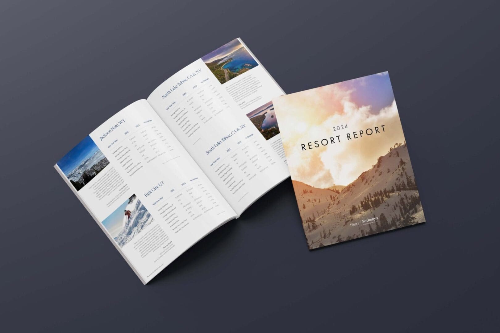 A brochure with a picture of mountains and the sun.